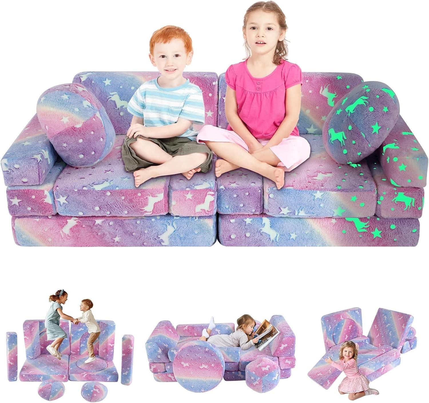EAYSG Foam Modular Kids Couch Sofa, 13PCS Kids Play Couch, Glowing Toddler Couch Convertible Baby Play Couch Children Sofa for Playroom Bedroom (Rainbow)