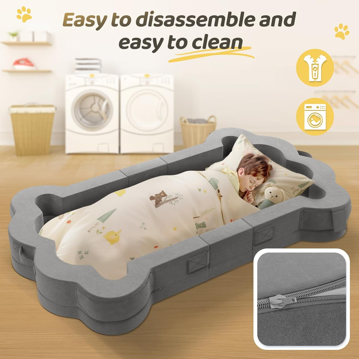 EAYSG Foldable Toddler Travel Bed for 1-5 Kids,Portable Toddler Bed,Toddler Floor Bed for Toddlers,2-in-1 Convertible Baby Crib,Soft,Safe and Washable (Grey)