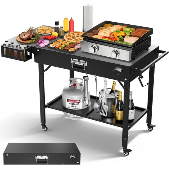 EAYSG Grill Cart for Blackstone Griddle, Portable Outdoor Grill Table, Foldable Cart Table with Wheels for Ninja, BBQ Prep Tables with Seasoning Tray