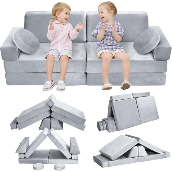 EAYSG Kids Play Couch, 10Pcs Toddler Couch, Kids Sofa Couch, Play Couch Sofa Playroom Bedroom,Modular Kids Couch for Playing, Creativing, Sleeping (Grey)