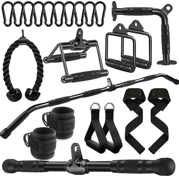 EAYSG Lat Pulldown Attachments Set – 13-Piece w/ 48" Rubber Grip Bar, Tricep Rope, V-Bar, D Handles, Ankle Straps & Snap Hooks – Home Gym Strength Gear