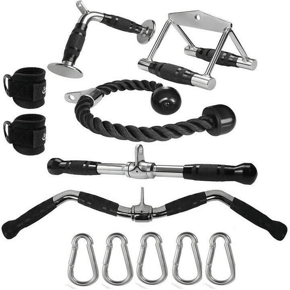 EAYSG Lat Pulldown Bar, Double-D Handle, V-Shaped Bar, Tricep Rope & Ankle Straps Cable Machine Accessories Set