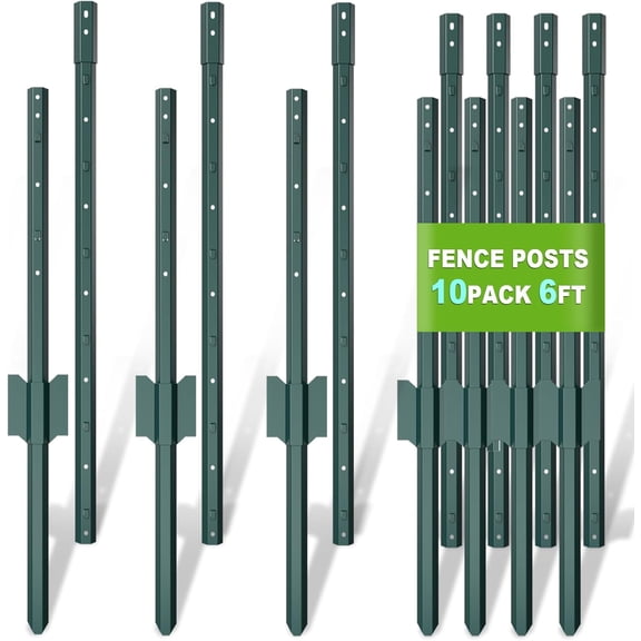 EAYSG Metal Fence Posts 6 Feet assemblable,Heavy Duty No-Dig U-Shape Steel Fence Posts, (10-Pack) Green Powder Coated Metal Garden Stakes for Wire Fencing, Lawn, Farm & Landscape