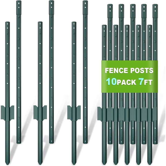 EAYSG Metal Fence Posts 7 Feet assemblable,Heavy Duty No-Dig U-Shape Steel Fence Posts, (10-Pack) Green Powder Coated Metal Garden Stakes for Wire Fencing, Lawn, Farm & Landscape