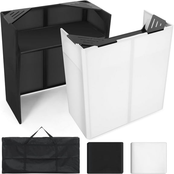 EAYSG Portable DJ Facade Booth Station with Table & Scrim, 44"x41"x21" Foldable Metal Frame DJ Booth with 2-Sided Black/White Front Cover, Carry Bag, Holds 200lbs for Events, Clubs, Parties