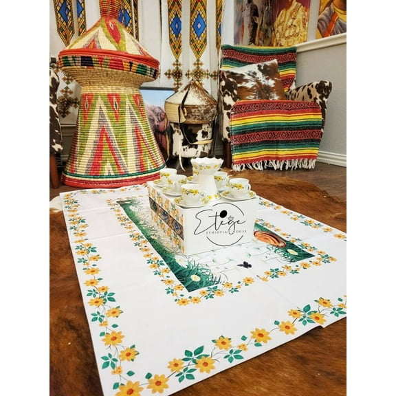 EAdey Abeba Large Vinyl Coffee Ceremony Mat 4ft x 3ft- Coffee Ceremony Rekebote Rug, Traditional Habesha Coffee mat,