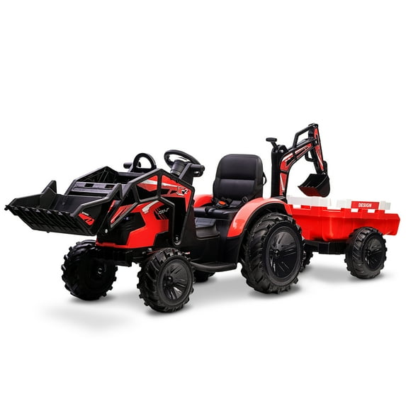 EAstVita 3 in 1 Ride on Tractor, Excavator & Bulldozer, 24V Electric Vehicle w/Trailer, Shovel Bucket, Digger, Remote Control, EVA Tire, LED Light, Music, Ride on Car Toy