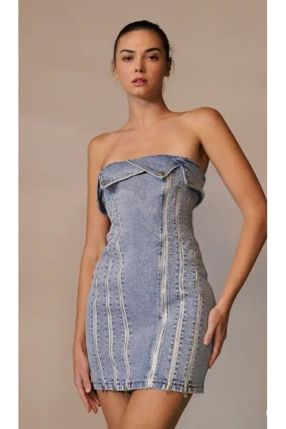 STRAPLESS DENIM MINI DRESS WITH ZIPPER TRIM DETAIL M
