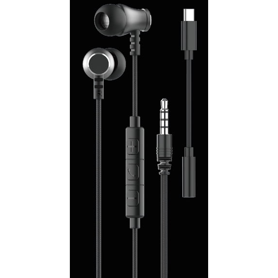 Black Wired Earphones with Mic and USB-C Adapter, 3.5mm Jack