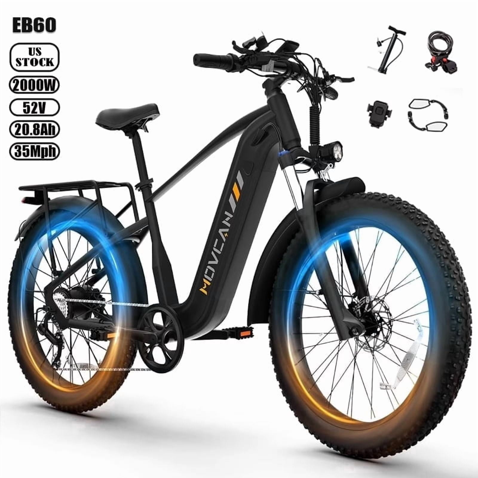 EB60 Electric Bike for Adults,Peak 2000W Motor Up to 35MPH,26" Fat Tire Ebike with NFC,52V 20.8AH Battery,70Miles,Shimano 7 Speed Gear Hydraulic Brake Mountain Off-Road Ebike,UL2849