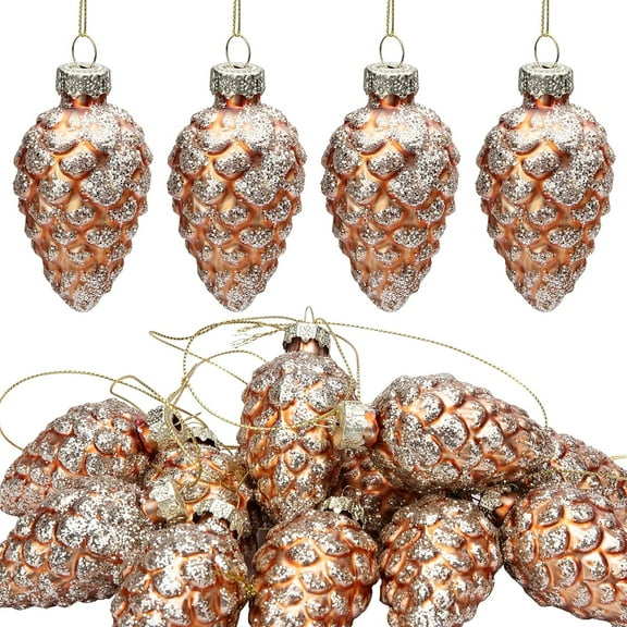 EBAOKUUP 12 Pcs Christmas Pinecone Glass Ornaments- Fall Hanging Pine Cone Painted Glass Ornaments- Glitter Pinecone Christmas Ornament for Xmas Tree DIY Crafts Fall Thanksgiving Day Decoration