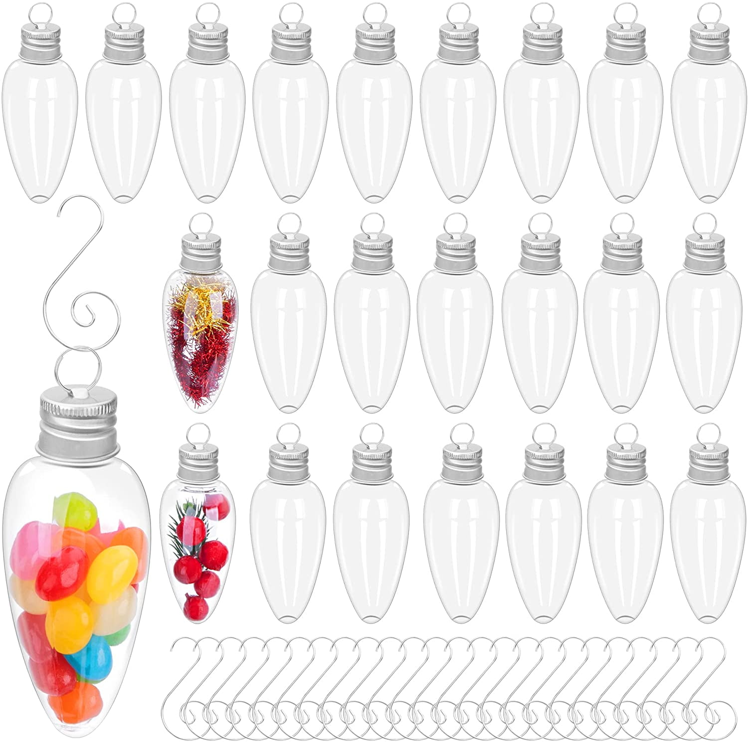 EBAOKUUP 24 PCS Christmas Booze Balls, Fillable Booze Tree Ornaments with S Hook, Light Bulb Ornaments for Crafts, Clear Plastic Xmas Decoration Boozes Ball for Xmas Home Party Decor