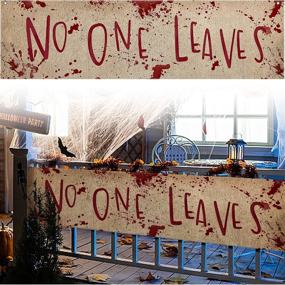EBAOKUUP 71" x 20" Halloween Bloody Banner Yard Sign- Burlap Horror No One Leaves Banner- Scary Halloween Banner Backdrop Decoration for Haunted House Yard Outdoor Fence Garden Parties Decor