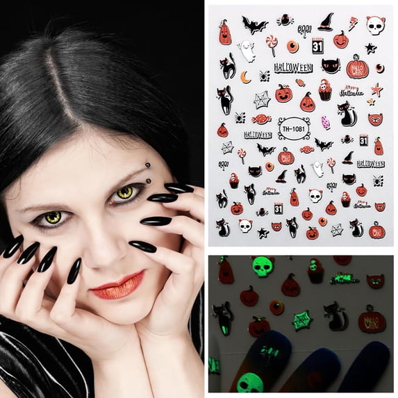 EBCUE Under 1 Dollar Halloween Nail Art Stickers Cute Ghost Pumpkin Self-Adhesive Nail Decals Bat Cat Designs Nail Decorations Glow in Dark Halloween DIY Manicure Supplies for Women 40pc/1 Sheet