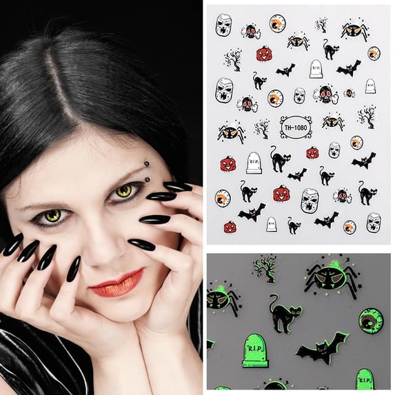 EBCUE Under 1 Dollar Halloween Nail Art Stickers Cute Ghost Pumpkin Self-Adhesive Nail Decals Bat Cat Designs Nail Decorations Glow in Dark Halloween DIY Manicure Supplies for Women 40pc/1 Sheet