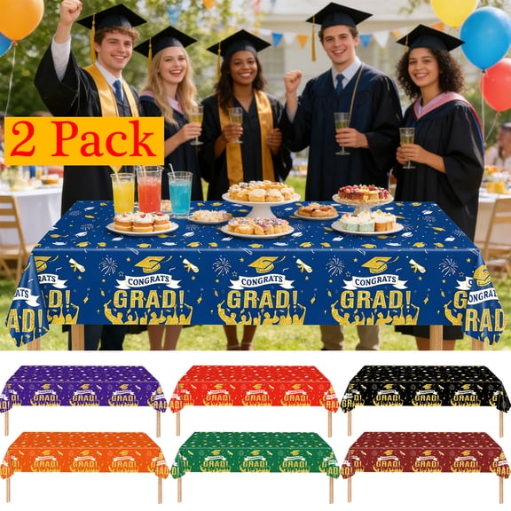 EBCUE 2 Pack Graduation Decorations 2026 108" X 54" Graduation Tablecloth Black Gold Rectangle Class of 2026 Table Cloths Disposable Plastic Congrats Grad Tablecover for Grad Party Supplies
