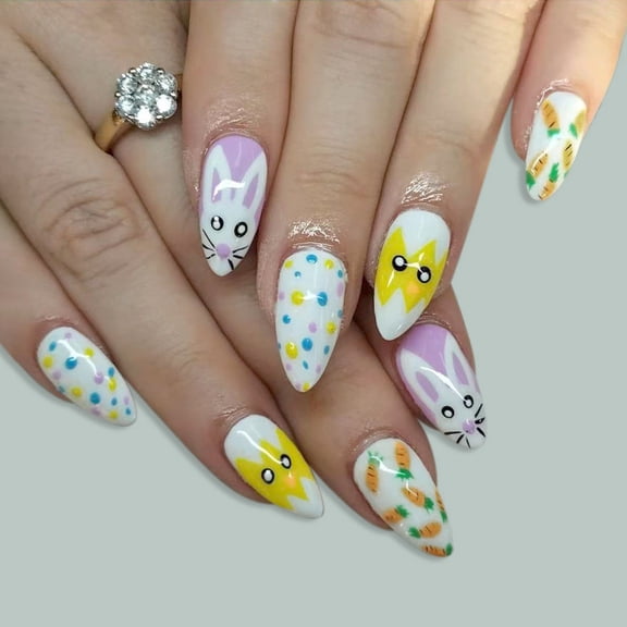 EBCUE 24Pcs Easter Press on Nails Short Oval Cute Rabbit Fake Nails with Polka Dots Designs Cartoon Chick Acrylic Nails Reusable Easter Egg False Nail Set Bunny Full Cover Stick on Nails for Women