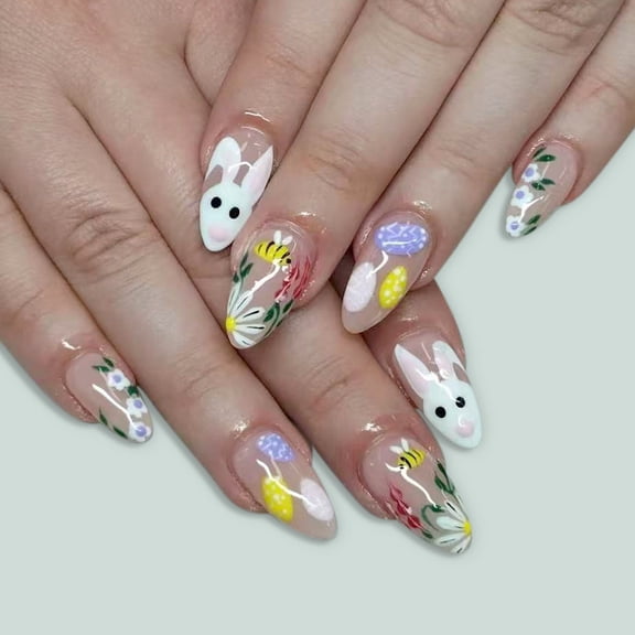 EBCUE 24Pcs Easter Press on Nails Short Oval Cute Rabbit Fake Nails with Polka Dots Designs Cartoon Chick Acrylic Nails Reusable Easter Egg False Nail Set Bunny Full Cover Stick on Nails for Women