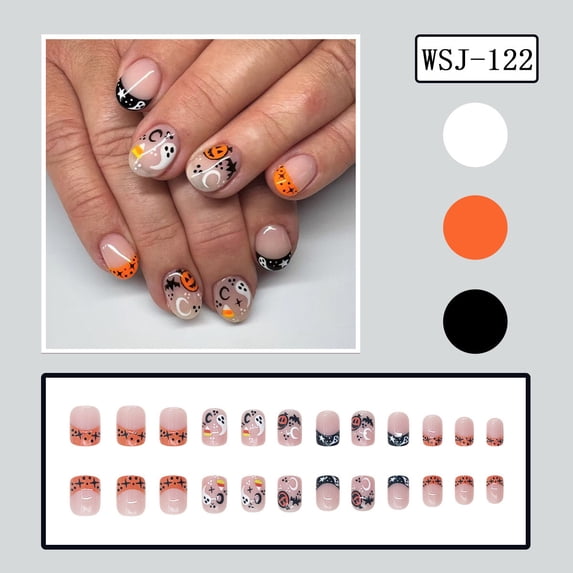 EBCUE 24Pcs Halloween Press On Nails Short Square Fake Nails French False Nail | Spider Web, Heart, Ghost Design, Full Cover Glossy, Reusable Stick On Nails, For Women Manicure Art