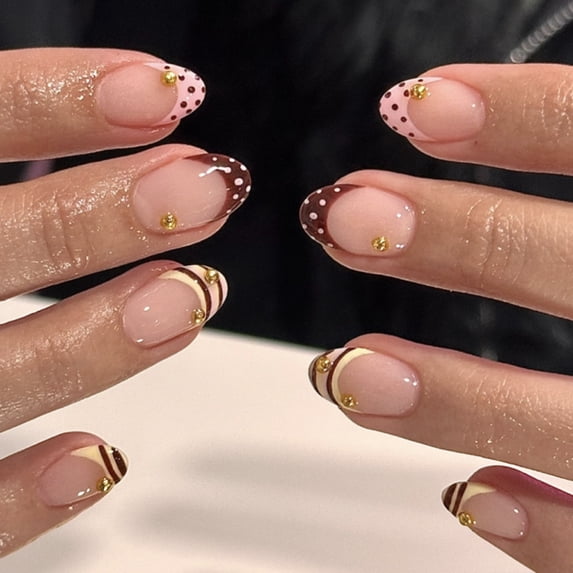 EBCUE 24Pcs Polka Dot Press on Nails Medium Almond Fake Nails French Tip Nails Press Ons Brown Pink False Nails Acrylic Glossy Glue on Nails Polka Dot Stick on Nail for Women Decoration Set