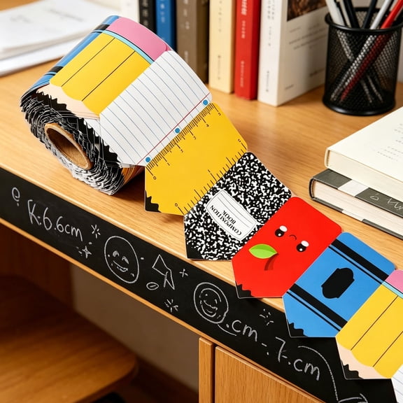 EBCUE 65.6Ft Back to S-chool Pencil Bulletin Board Border Composition Notebook Apples Crayon Die Cut Trim Border Roll for First Day of Classroom Office Chalkboard Decor
