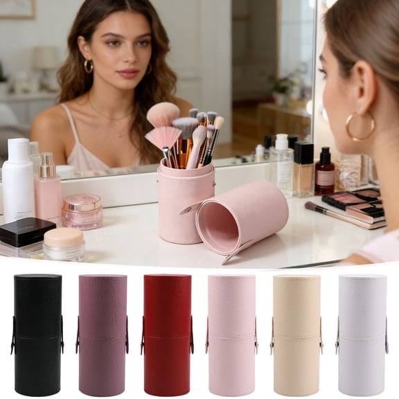 EBCUE 7.87" Portable Makeup Brush Holder with Strap Waterproof PU Leather Travel Makeup Brush Case Bag Cup Brush Storage Dustproof Bag for Women Makeup Brushes Pencils Toothbrush Hand Cream Beige