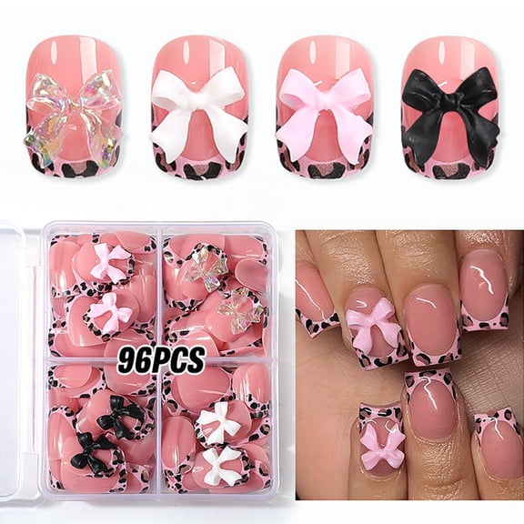 EBCUE 96 Pcs French Tip Press On Nails Short Square Nude Pink Fake Nails with Leopard Print & 3D Bow Charms Glossy Full Cover Acrylic Stick On Nails for Women Girls