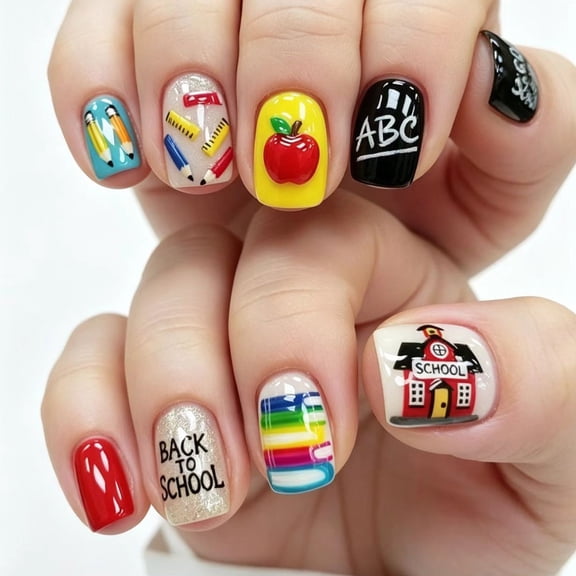 EBCUE Back to College Press On Nails Artificial False Nail Tips Glossy Reusable Full Cover Manicure Kit, Hand-Painted Stationery Pattern Fake Nail Long Wear for Daily Campus Party Casual Daily Use