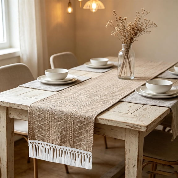EBCUE Boho Table Runner for Fall Christmas Home Decor 12x72 Woven Geometric Table Runner with Tassels Water-Resistant Neutral Table Runner for Dining Table Kitchen Holiday Everyday Decor Beige