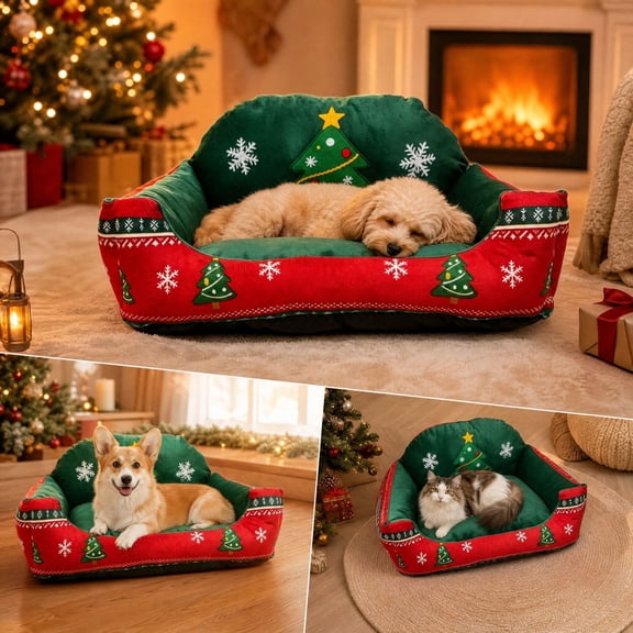 EBCUE Christmas Pet Sofa Bed for Cats and Small Dogs, Cozy Fleece-Lined Winter Warm Bed with Raised Edges, Red and Green Holiday Design for Living Room or Bedroom