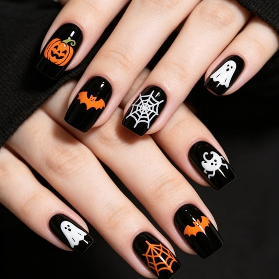 EBCUE Halloween Press on Nails Short Square Fake Nails with Rose Skull Design Black Matte Glue on Nail Full Cover Reusable Black Glossy Halloween False Nails for Women Manicure 24Pcs