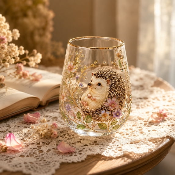 EBCUE Hand-Painted Floral & Animal Stemless Glasses, Decorative Glass Tumblers with Gold Rim, Artistic Bird, Dragonfly & Bee Print Cups for Home, Kitchen, Party, Bar Use