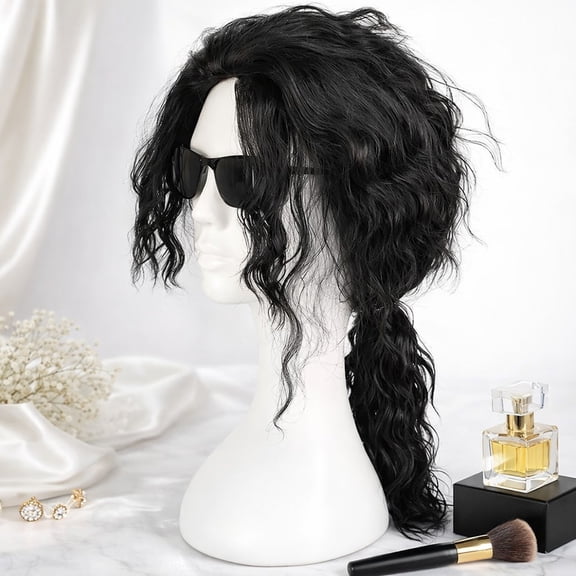 EBCUE Long Black Wavy Wigs for Women Natural Soft Hair Black Wig with Bangs Synthetic Fluffy Curly Wigs for Daily Party Cosplay