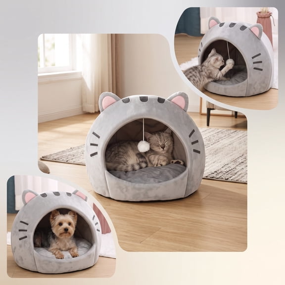 EBCUE Multi‑Size Cat‑Ear 2‑In‑1 Convertible Semi‑Enclosed Pet Bed, All‑Season Warm Cave Hut with Hanging Ball Toy for Indoor Cats Small Dogs Rest