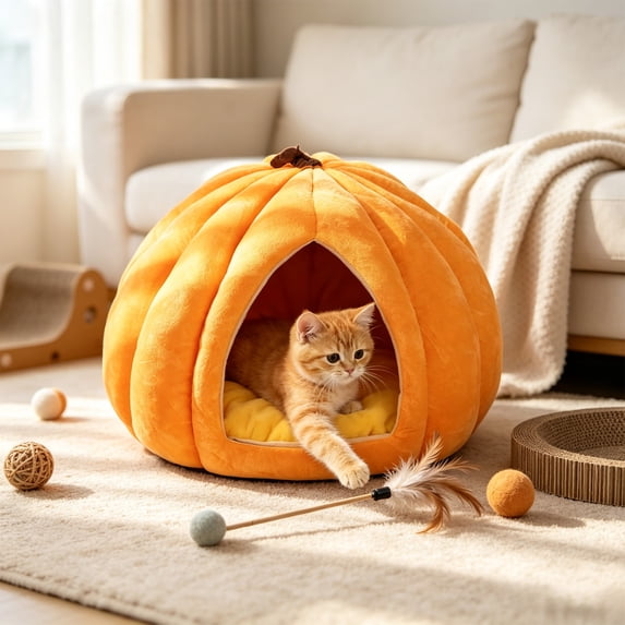 EBCUE Multi‑Size Enclosed Pet Cave Bed, Thick Warm All‑Season Cozy Hut, Calming Private Rest Nest for Kittens & Small Dogs Indoor Household Decor Halloween Christmas Pet Supplies