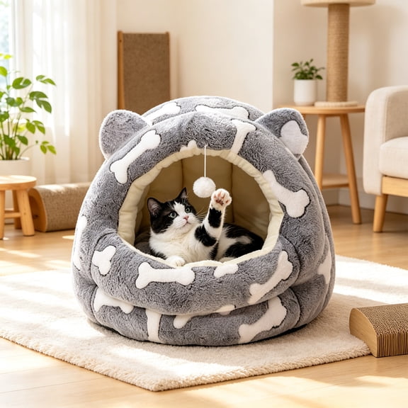 EBCUE Multi‑Size Enclosed Pet Cave Bed, Thick Warm All‑Season Cozy Hut, Calming Private Rest Nest for Kittens & Small Dogs Indoor Household Decor Halloween Christmas Pet Supplies