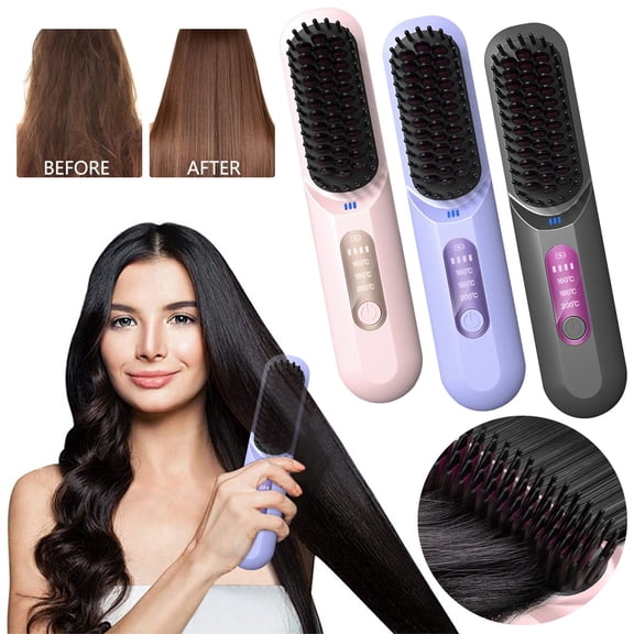 EBCUE Portable Hair Straightener Brush Cordless Negative Ion Hair Straightener Comb 3 Temps Fast Heating Ceramic Coating Multi-Functional Brush for All Hair Types Gifts for Women Mother Mom Gray