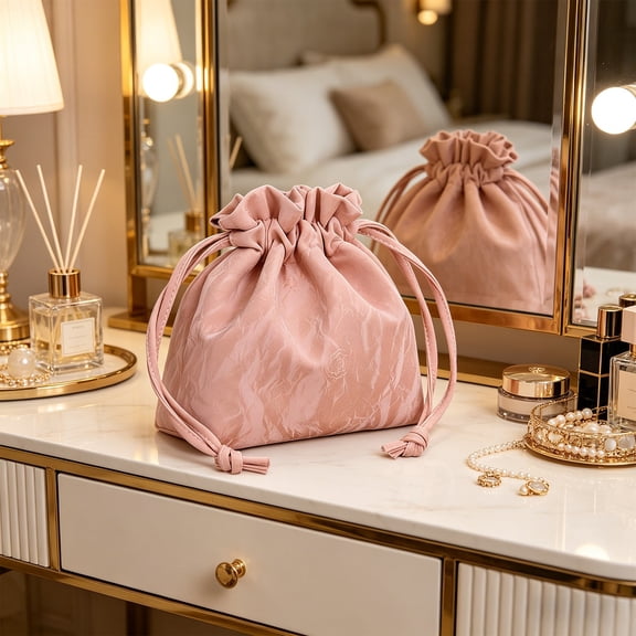 EBCUE Small Leather Drawstring Bucket Bag Large Capacity Cosmetic Bag Bucket Bags and Purses Crossbody Bucket Satchel Bag Soft Drawstring Purse Travel Toiletry Bag Pink