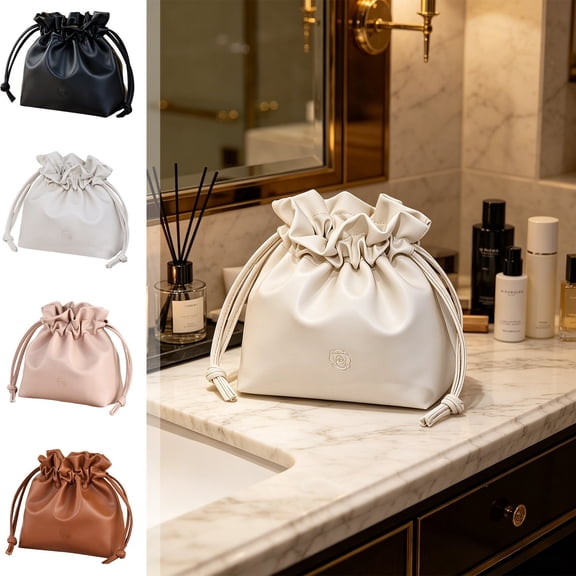 EBCUE Small Leather Drawstring Bucket Bag Large Capacity Cosmetic Bag Bucket Bags and Purses Crossbody Bucket Satchel Bag Soft Drawstring Purse Travel Toiletry Bag Brown