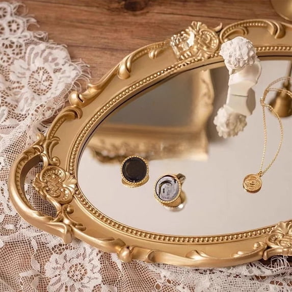 EBCUE Small Vintage Oval Mirror 14 x 9 Inch Antique Ornate Decorative Mirror for Desk & Wall, Vanity Mirror for Makeup Wall Decor Gold