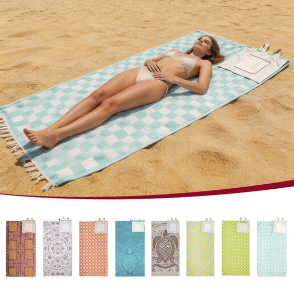 EBCUE Thin Beach Towel with Handle 2-In-1 Portable Lightweight Soft Cotton Large Sand Free Sandproof Absorbent Quick Dry Towels Cloud Bath Pool Travel Compact Essentials Accessories for Adult Gifts