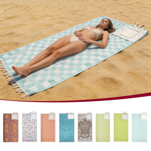 EBCUE Thin Beach Towel with Handle 2-In-1 Portable Lightweight Soft Cotton Large Sand Free Sandproof Absorbent Quick Dry Towels Cloud Bath Pool Travel Compact Essentials Accessories for Adult Gifts