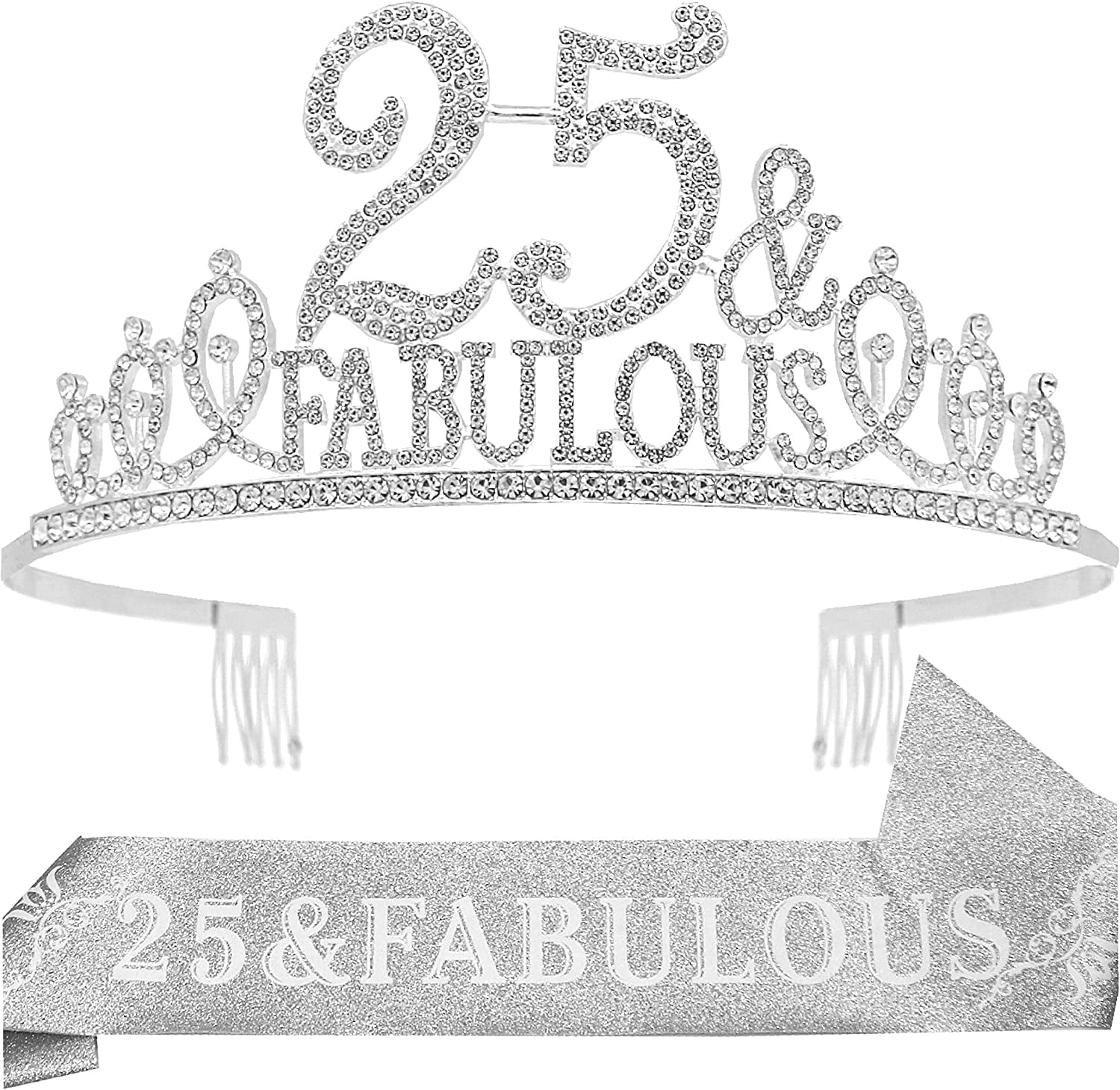 EBE EmmasByEmma 25th Birthday Sash & Tiara Set, Silver & White, Women's Birthday Accessories