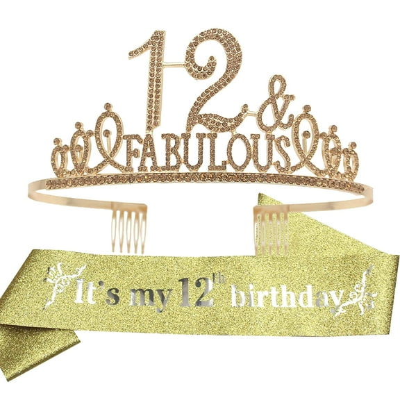 EBE EmmasbyEmma 12th Birthday Sash and Tiara for Girls - Fabulous Glitter Sash + Fabulous Rhinestone Gold Premium Metal Tiara for Girls, 12th Birthday Gifts for Princess Party