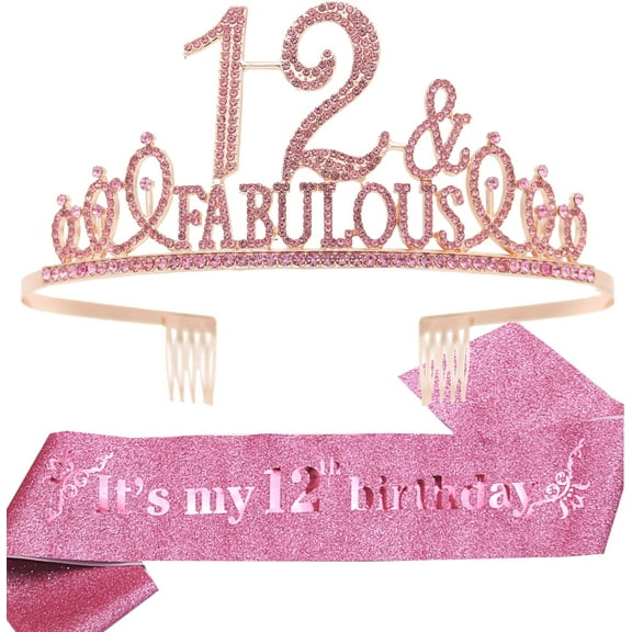 EBE EmmasbyEmma 12th Birthday Sash and Tiara for Girls - Fabulous Glitter Sash + Fabulous Rhinestone Pink Premium Metal Tiara for Girls, 12th Birthday Gifts for Princess Party
