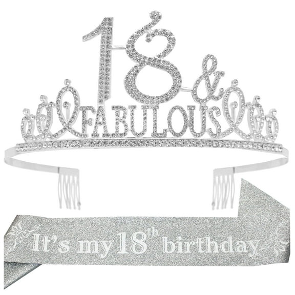 EBE EmmasbyEmma 18th Birthday Sash and Tiara for Women - Fabulous Set: Glitter Sash   Fabulous Rhinestone Silver Premium Metal Tiara, 18th Birthday Gifts for Women Party