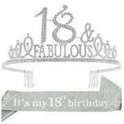 EBE EmmasbyEmma 18th Birthday Sash and Tiara for Women - Fabulous Set Glitter Sash + Fabulous Rhinestone Silver Premium Metal Tiara, 18th Birthday Gifts for Women Party