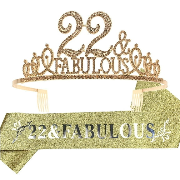 EBE EmmasbyEmma 22nd Birthday Sash and Tiara for Women - Fabulous Set: Glitter Sash + Fabulous Rhinestone Gold Premium Metal Tiara for Women, 22nd Birthday Gifts for 22nd Birthday Party