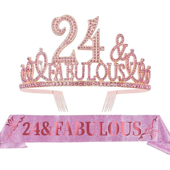 EBE EmmasbyEmma 24th Birthday Sash and Tiara for Women - Fabulous Set: Glitter Sash + Fabulous Rhinestone Pink Premium Metal Tiara for Women, 24th Birthday Gifts for 24th Birthday Party
