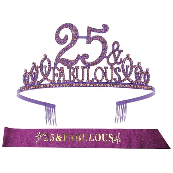 EBE EmmasbyEmma 25th Birthday Sash and Tiara for Women - Fabulous Set: Glitter Sash + Fabulous Rhinestone Purple Premium Metal Tiara for Women, 25th Birthday Gifts for 25th Birthday Party